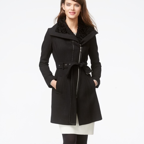GUESS MELTON WOOL BLEND ASYMMETRICAL ZIP PEACOAT - Picture 3 of 9